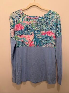 Lilly Pulitzer Blue Pink Tropical Print Colorblock Long Sleeve Top Size Small